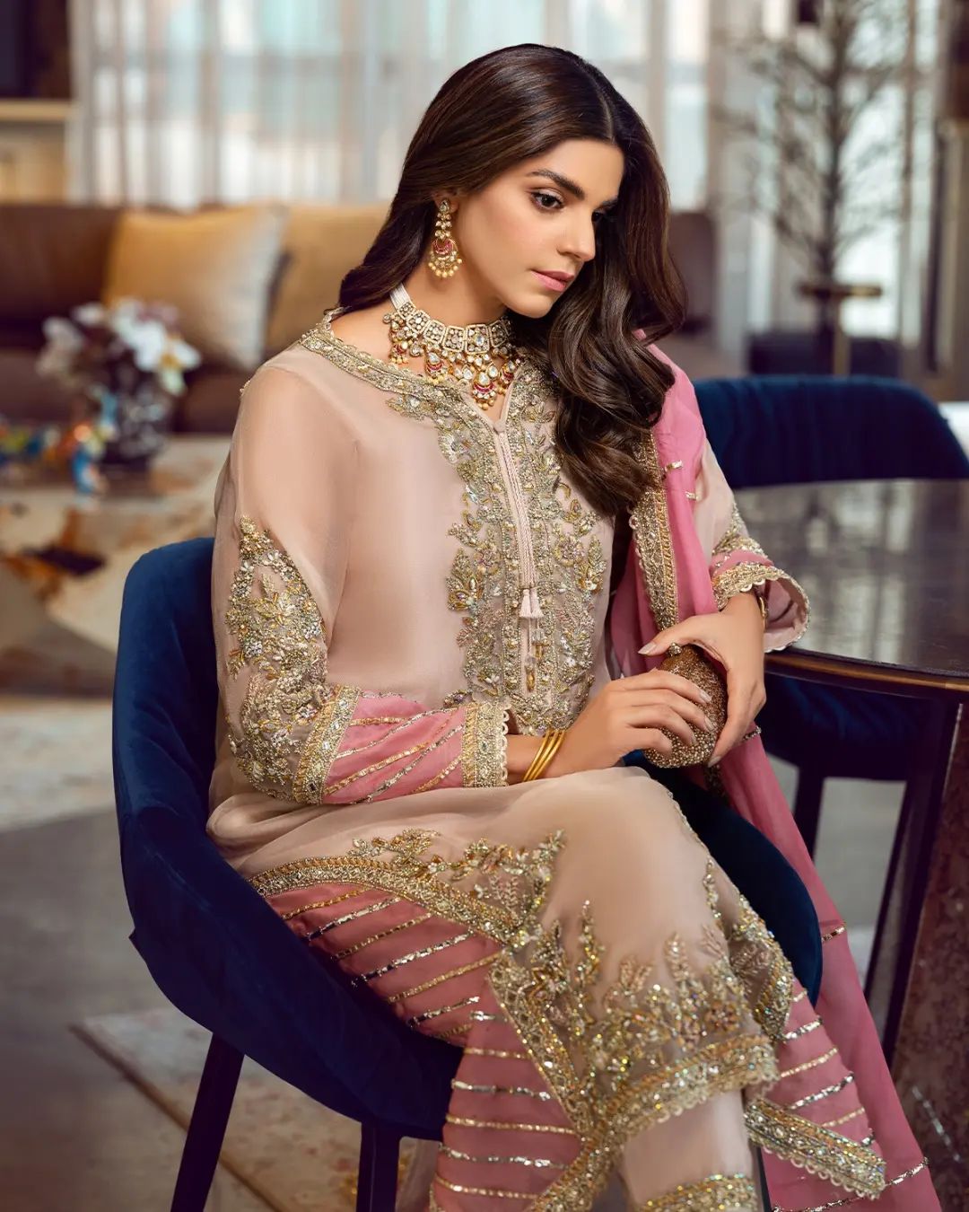 Sara Rohail Asghar SRA Organza Embroidered Hand Emblishment Collection PEACH NOUVEAU Pehnawa